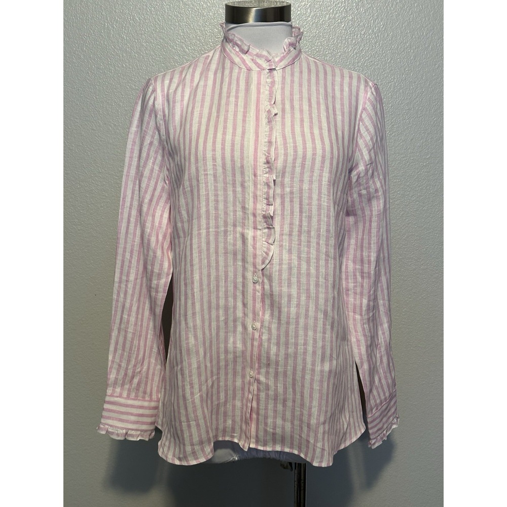 BAGUTTA "Nadine"Pink White Stripe 100% LINEN‎ Ruffle Button Blouse Top.46/10 US